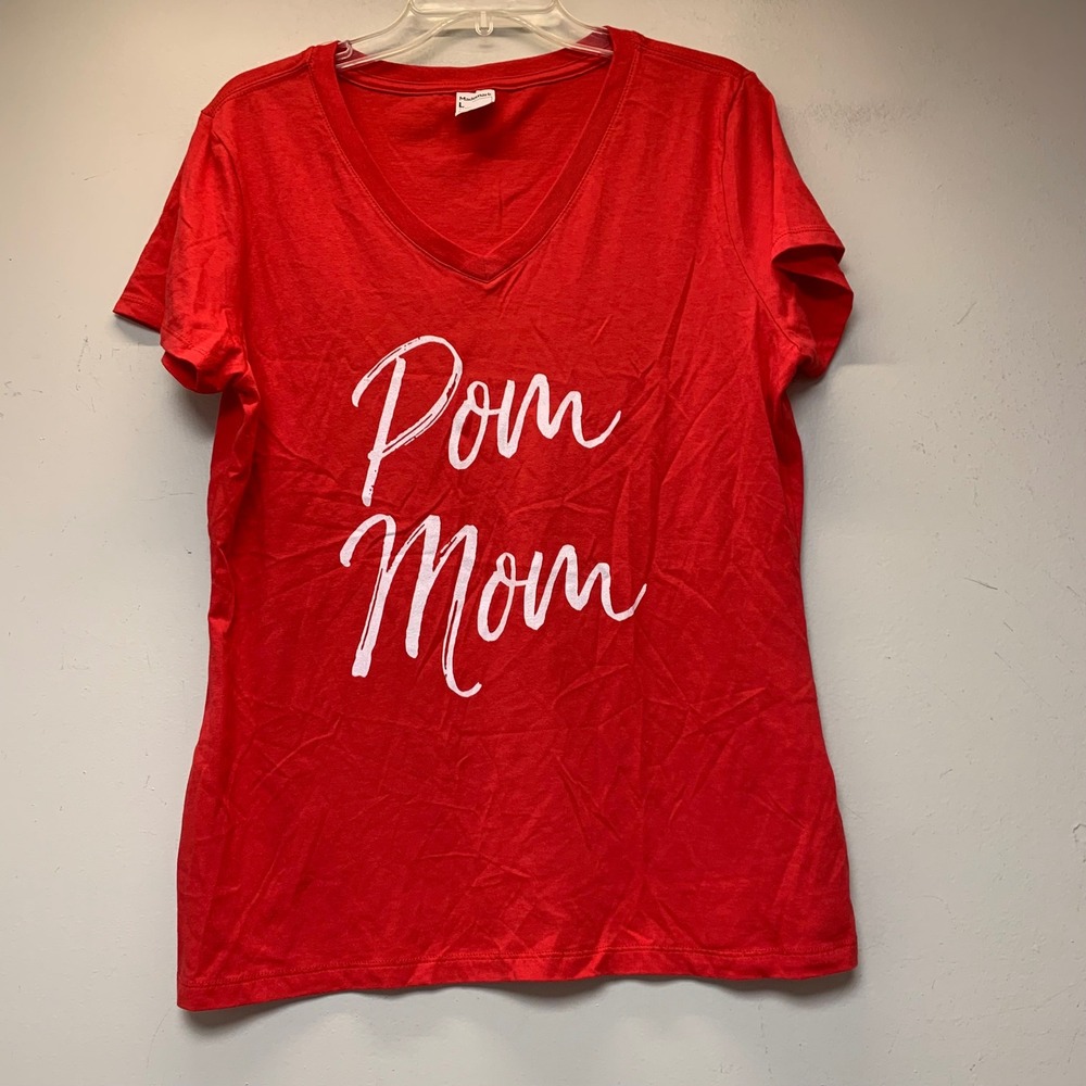 Mademark Pom Mom Graphic Tee Women Large Red Excellent V-Neck Cotton MAC2051LV